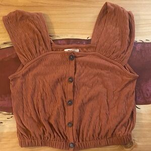 Madewell Terracotta Button-Down tank with gathered hem.
